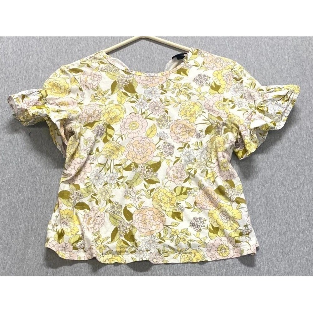 Who What Wear Blouse Womens XS Yellow Floral Cotton Ruffle Sleeve Keyhole Back